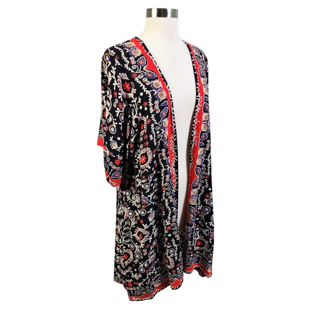 Angie Womens Open Front Kimono Duster Size Small Black Red Floral Paisley Rayon